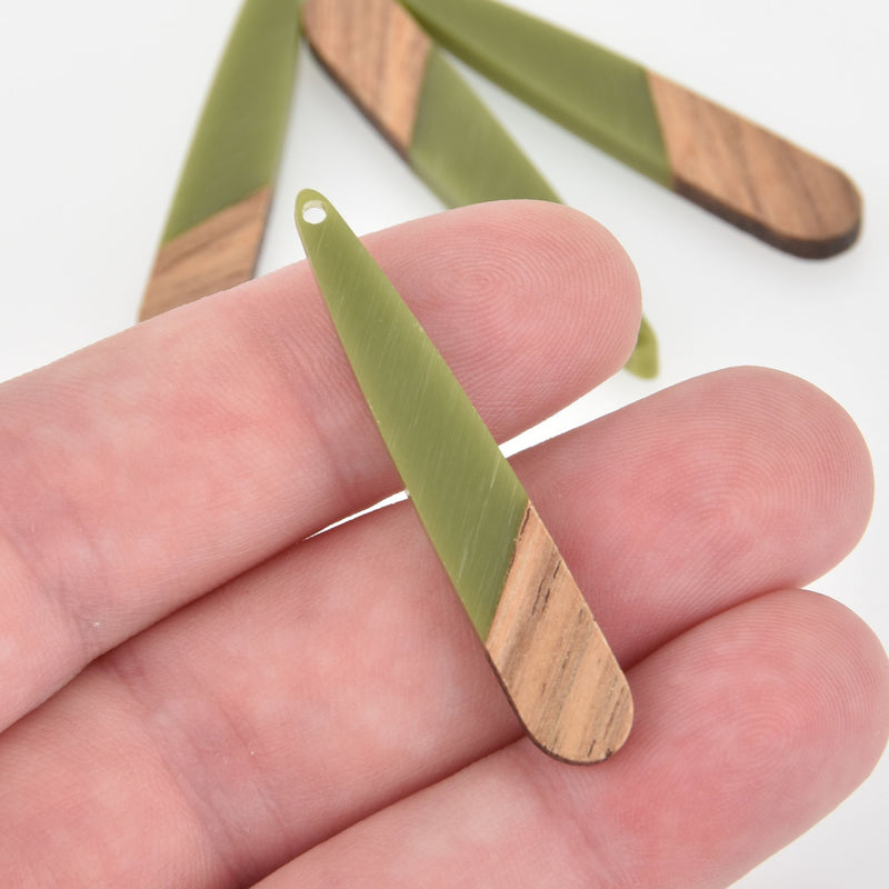 2 Stick Charms, Green Resin and Real Wood Teardrop, 2" long, chs6454
