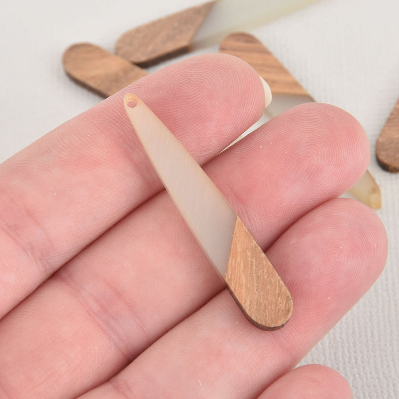 2 Stick Charms, Translucent White Resin and Real Wood Teardrop, 2" long, chs6455
