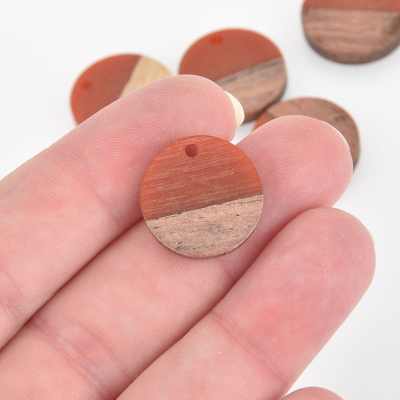 2 Round Charms, Red Resin and Real Wood, 18mm, chs6456