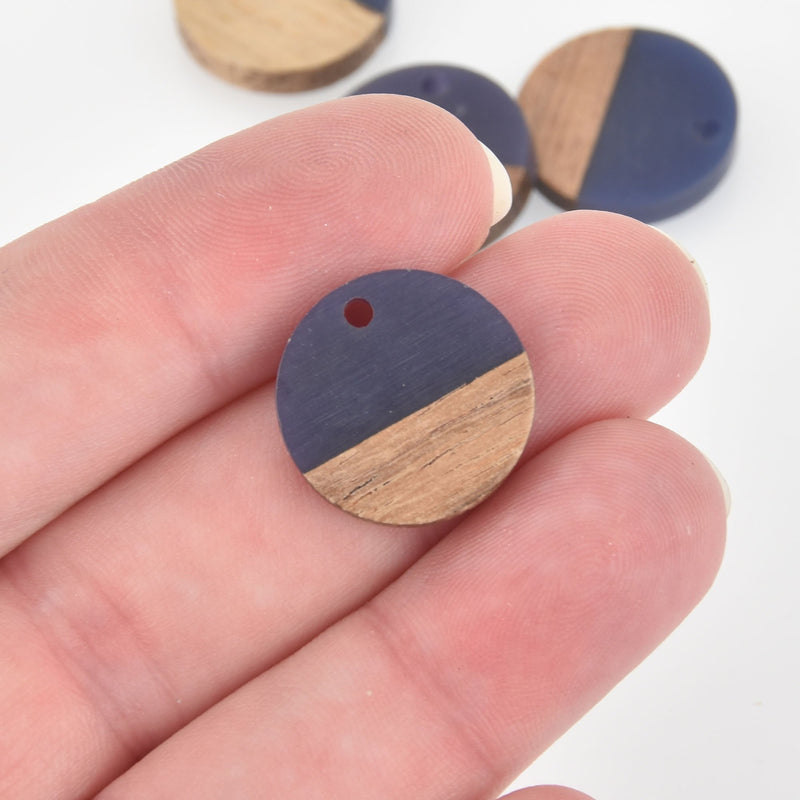 2 Round Charms, Dark Blue Resin and Real Wood, 18mm, chs6458