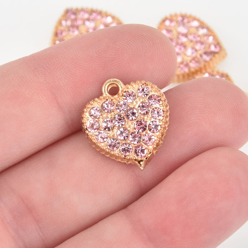 2 Pink Rhinestone Heart Charms, gold plated, 17mm, chs6459