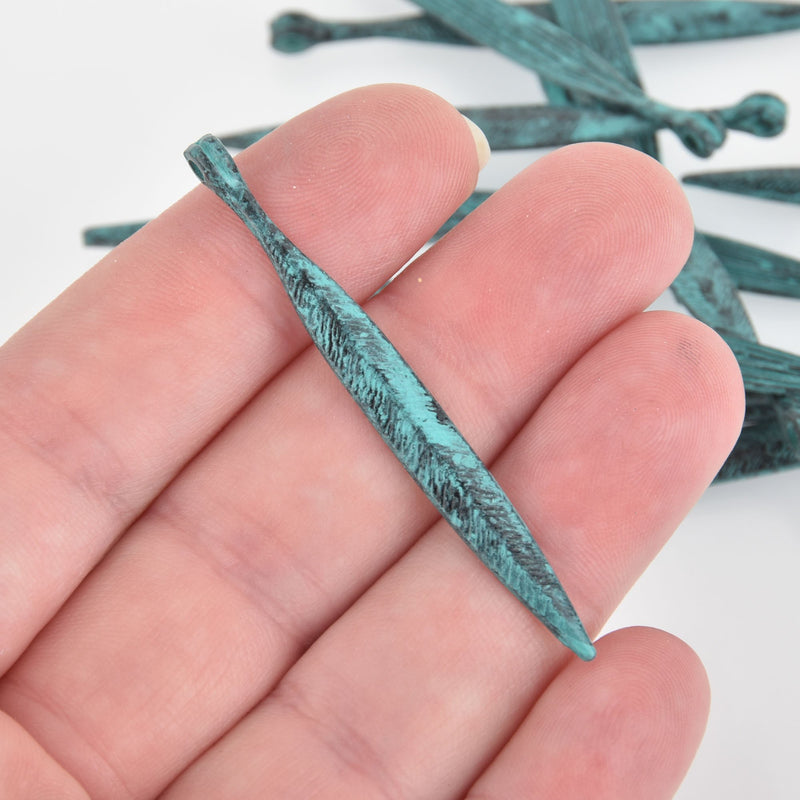 5 Blue Patina Feather Stick Charms, Leaf Charms, 2" long, chs6469