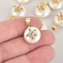 Button Pearl Charm with Micro Pave Starfish Crystals, Gold Trim, chs6470