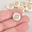 Button Pearl Charm with Micro Pave Eye Crystals with Freshwater Pearl, Gold Trim, chs6471