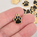 4 Black Paw Print Charms, gold plated, 15mm chs6476