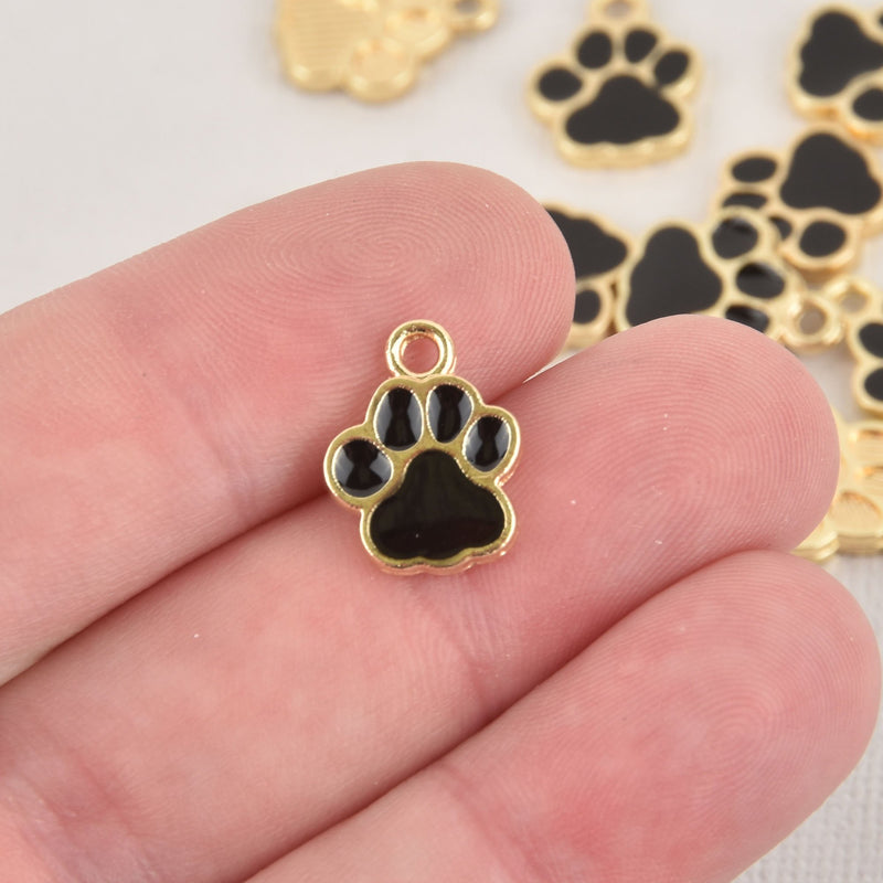 4 Black Paw Print Charms, gold plated, 15mm chs6476