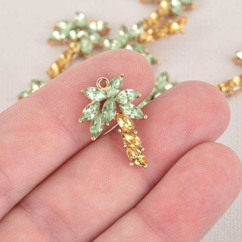 4 Crystal Palm Tree Charms, Rhinestone with Gold Plating, 24mm, chs6478