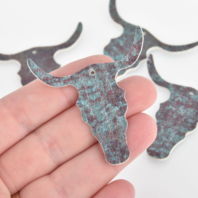 2 Longhorn Steer Faux Leather Charms Vegan Leather, Verdigris Patina, 2" long chs6479