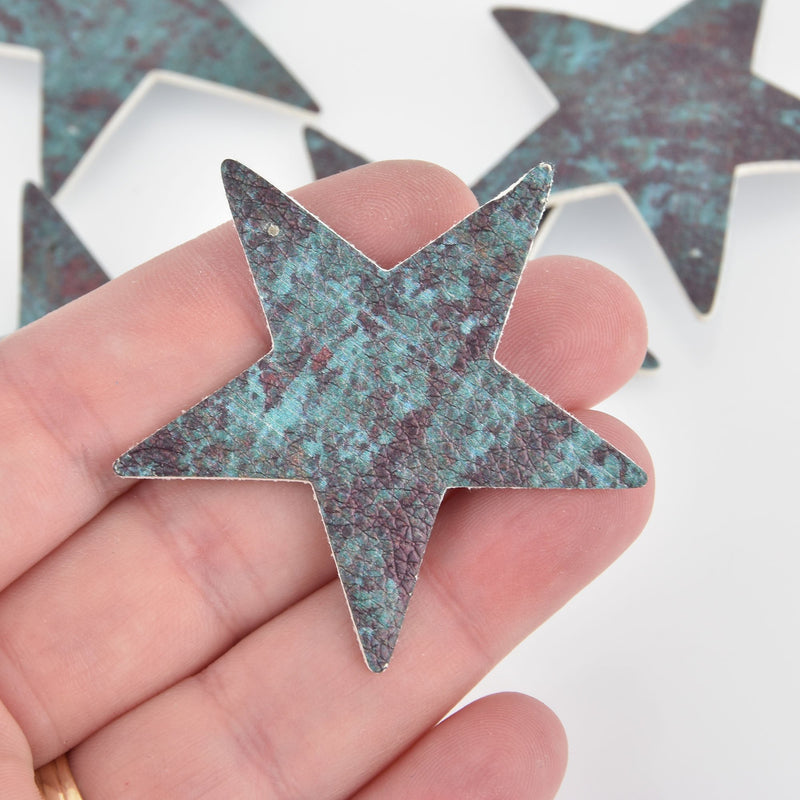 2 Faux Leather STAR Charms, Verdigris Patina, Vegan Leather, 2" long chs6480