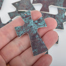 2 Faux Leather Cross Charms, Verdigris Patina, Vegan Leather, 2" long chs6481