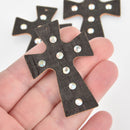 2 Faux Leather Cross Charms, Black Cork with Crystals, Vegan Leather, 2.25" long chs6483