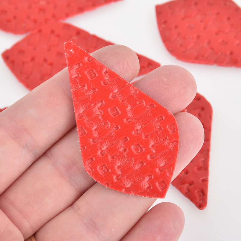 2 Faux Leather Teardrop Charms, Red Weave Pattern, Vegan 2-1/4" long chs6485