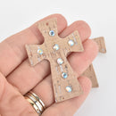 2 Faux Leather Cross Charms, Beige Cork with Crystals, Vegan Leather, 2.25" long chs6490