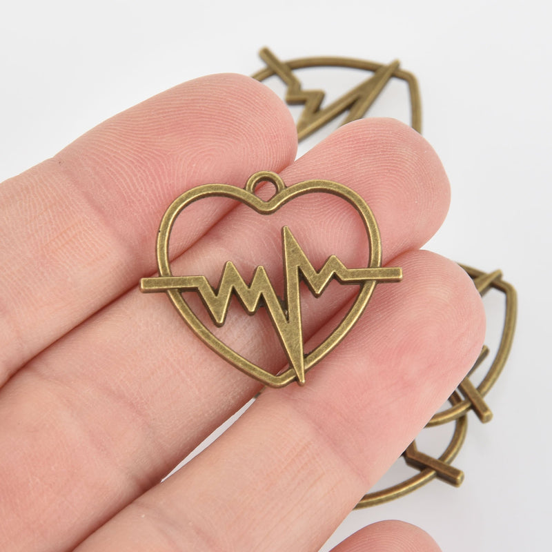 5 Bronze HEARTBEAT Charms, Science EKG Charms, Electrocardiogram Charms, 30mm, chs6491