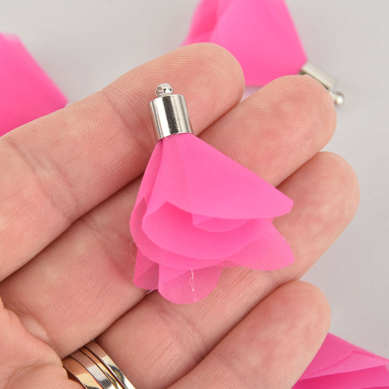 5 Hot Pink Tassel Charms SILVER plated cap 41mm long (about 1-5/8") chs6507