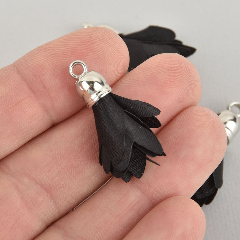 4 Black Flower Rose Floral Fabric Tassel Charms Silver Tone Cap 33mm long (about 1-1/4") Chs6508