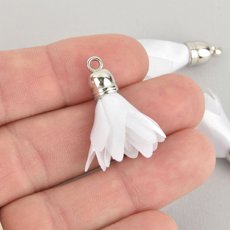 4 White Flower Rose Floral Fabric Tassel Charms Silver Tone Cap 33mm long (about 1-1/4") Chs6509