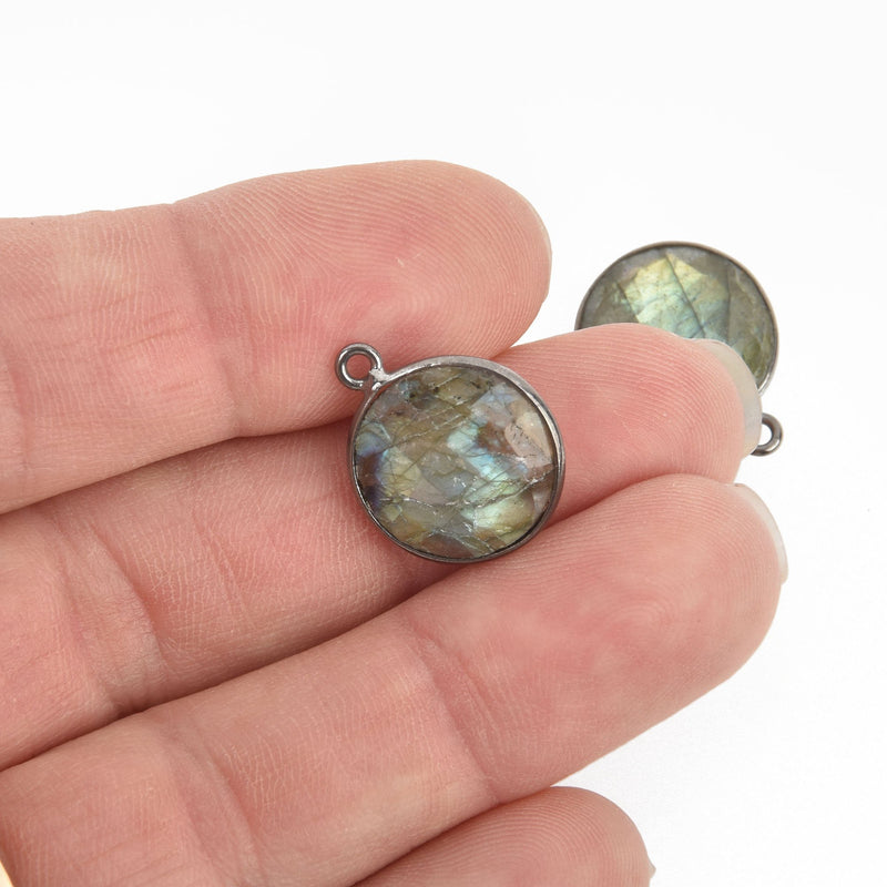 LABRADORITE Charm, gunmetal bezel, natural gemstone, 16mm chs6510