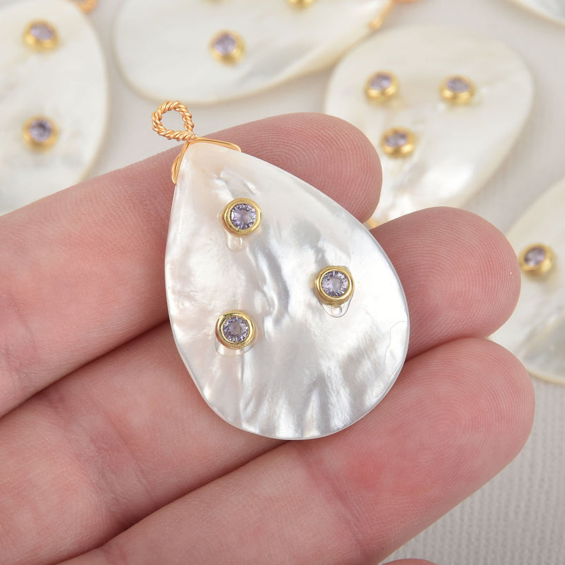 Natural Mother of Pearl Shell Charms, Teardrop with gold bail, purple CZ accents, chs6517