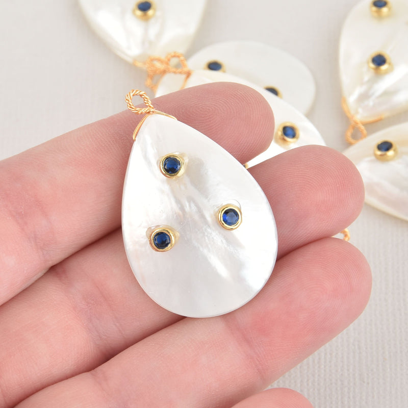 Natural Mother of Pearl Shell Charms, Teardrop with gold bail, blue CZ accents, chs6518