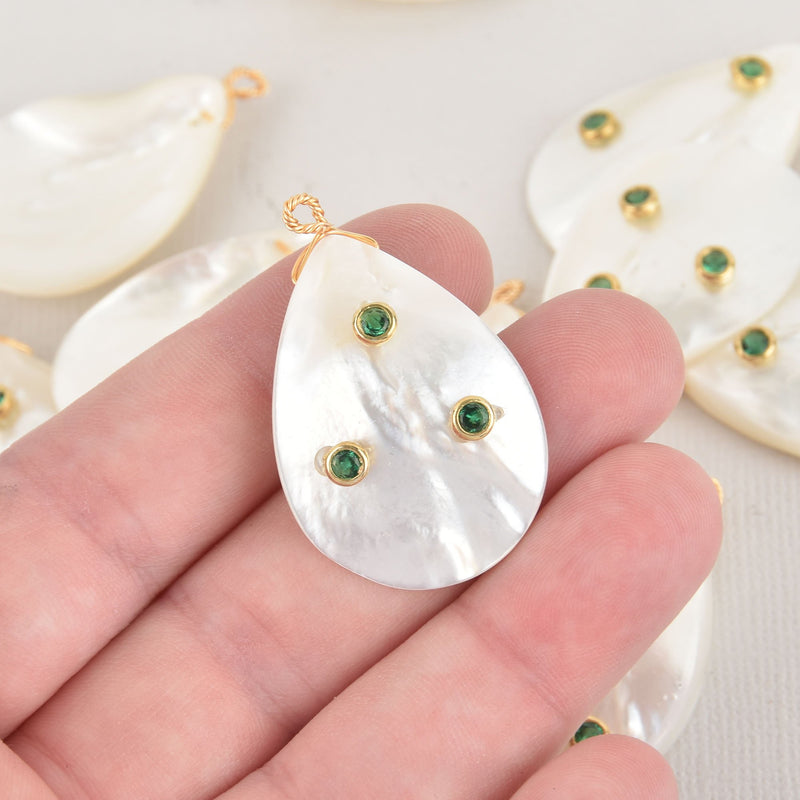 Natural Mother of Pearl Shell Charms, Teardrop with gold bail, green CZ accents, chs6519