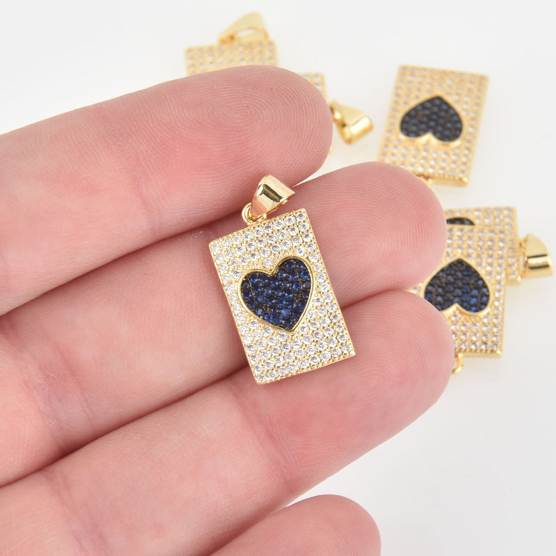 1 Gold Heart Charm, Micro Pave Valentines Day, dark blue CZ, chs6522