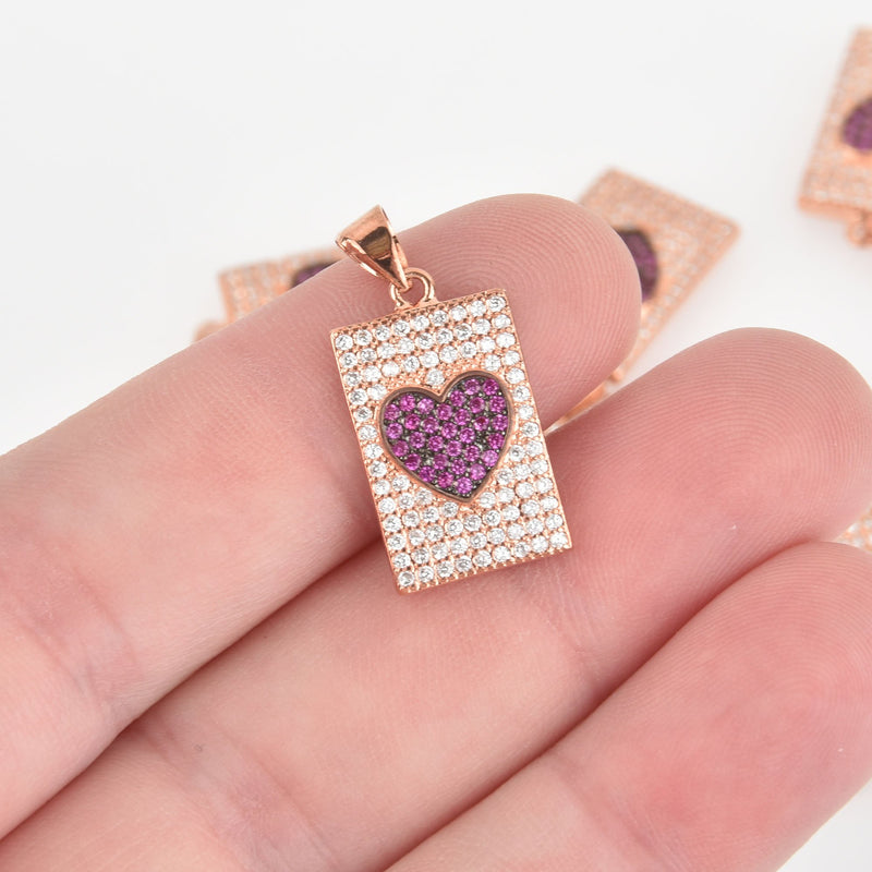 1 Rose Gold Heart Charm, Micro Pave Valentines Day, hot pink CZ, chs6525