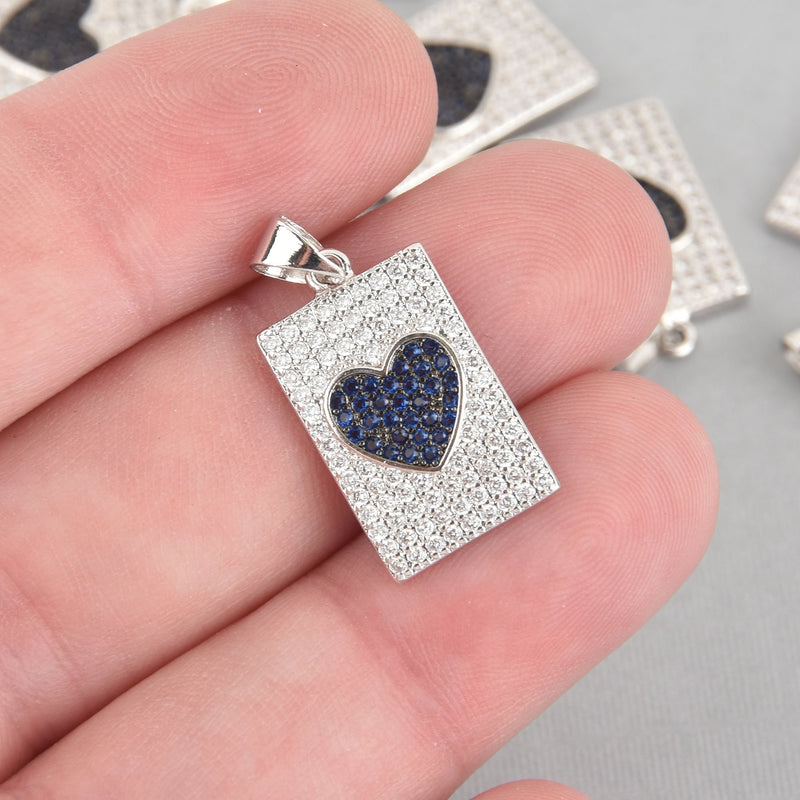 1 Silver Heart Charm, Micro Pave Valentines Day, sapphire blue CZ, chs6526