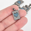 1 Gunmetal Heart Charm, Micro Pave Valentines Day, turquoise blue CZ, chs6527