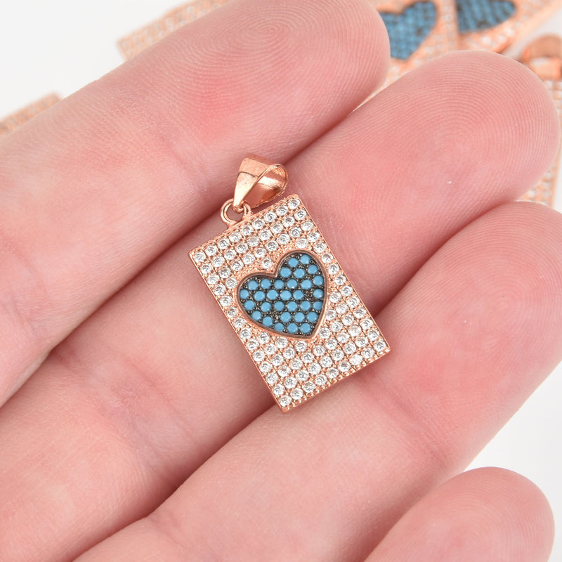 1 Rose Gold Heart Charm, Micro Pave Valentines Day, turquoise blue CZ, chs6528