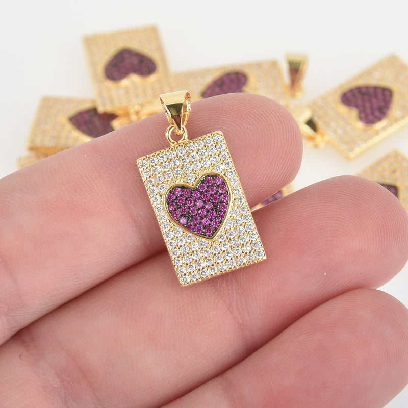 1 Gold Heart Charm, Micro Pave Valentines Day, hot pink CZ, chs6529