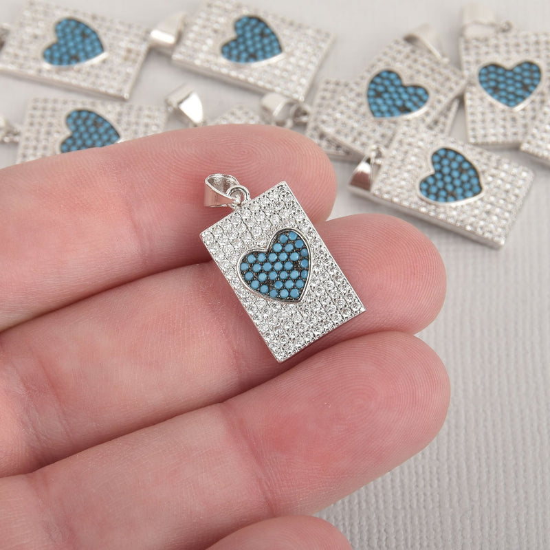 1 Silver Heart Charm, Micro Pave Valentines Day, turquoise blue CZ, chs6531