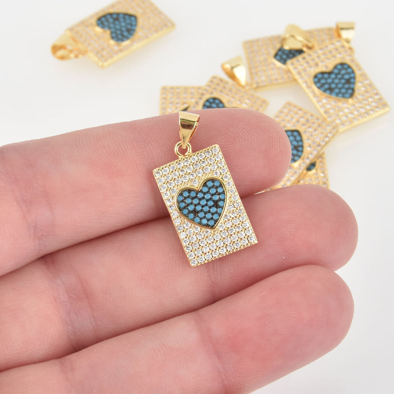 1 Gold Heart Charm, Micro Pave Valentines Day, turquoise blue CZ, chs6532