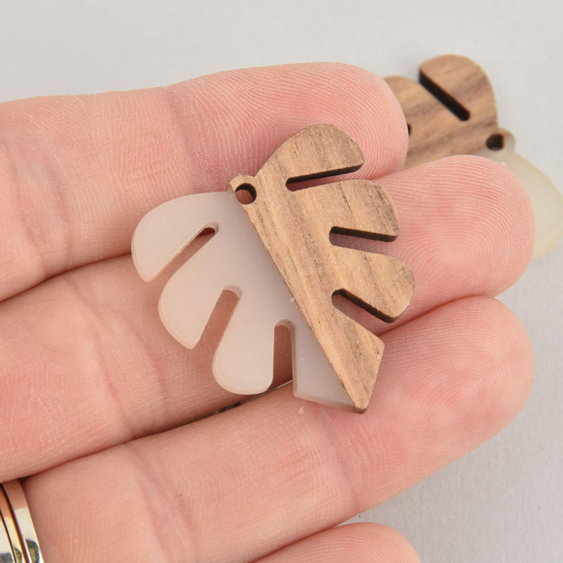 1 Monstera Leaf Charm, Translucent White Resin and Real Wood, 1-1/8" long, chs6534