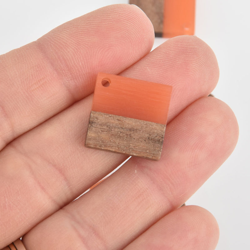 2 Square Charms, Coral Resin and Real Wood, 18mm, chs6535