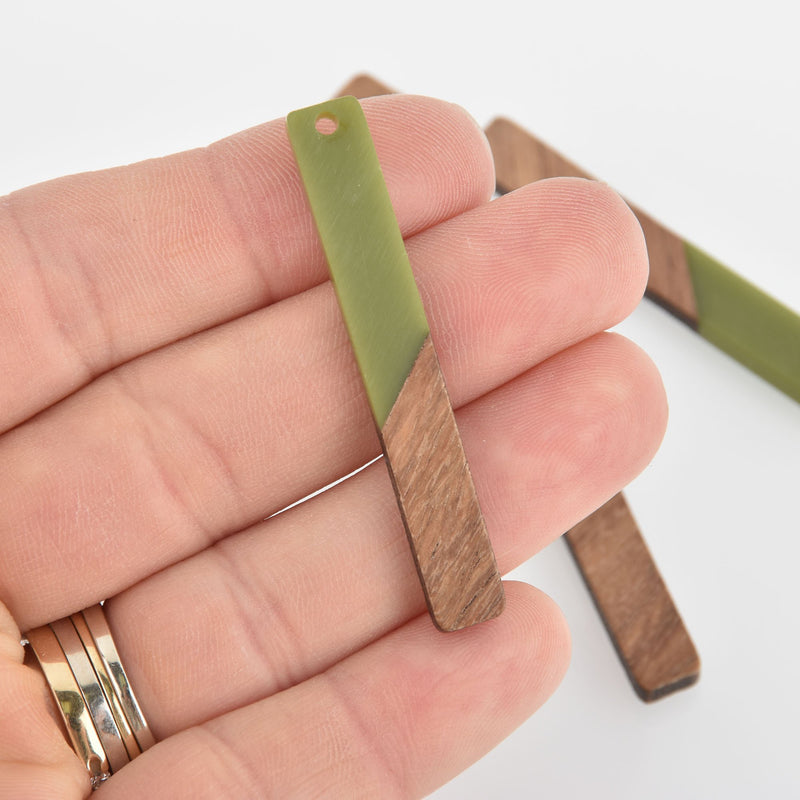 2 Stick Charms, Olive Green Resin and Real Wood, 2" long, chs6538