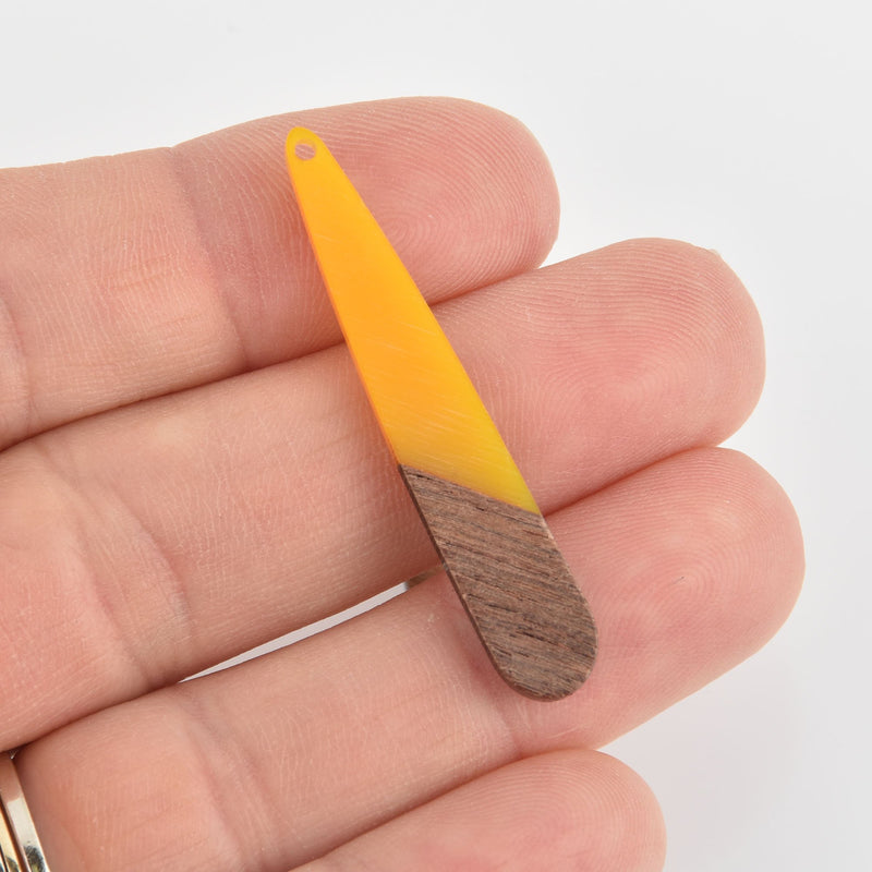 2 Stick Charms, Yellow Resin and Real Wood Teardrop, 2" long, chs6539