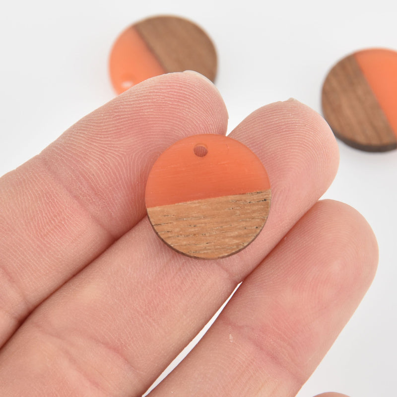 2 Round Charms, Coral Resin and Real Wood, 18mm, chs6541