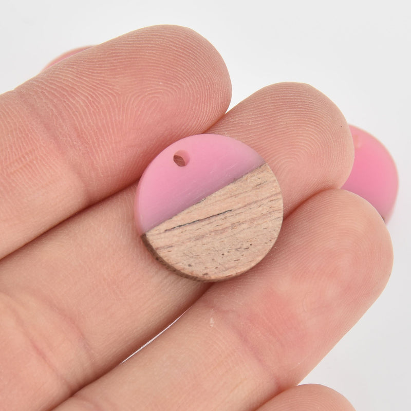 2 Round Charms, Translucent Pink Resin and Real Wood, 18mm, chs6542