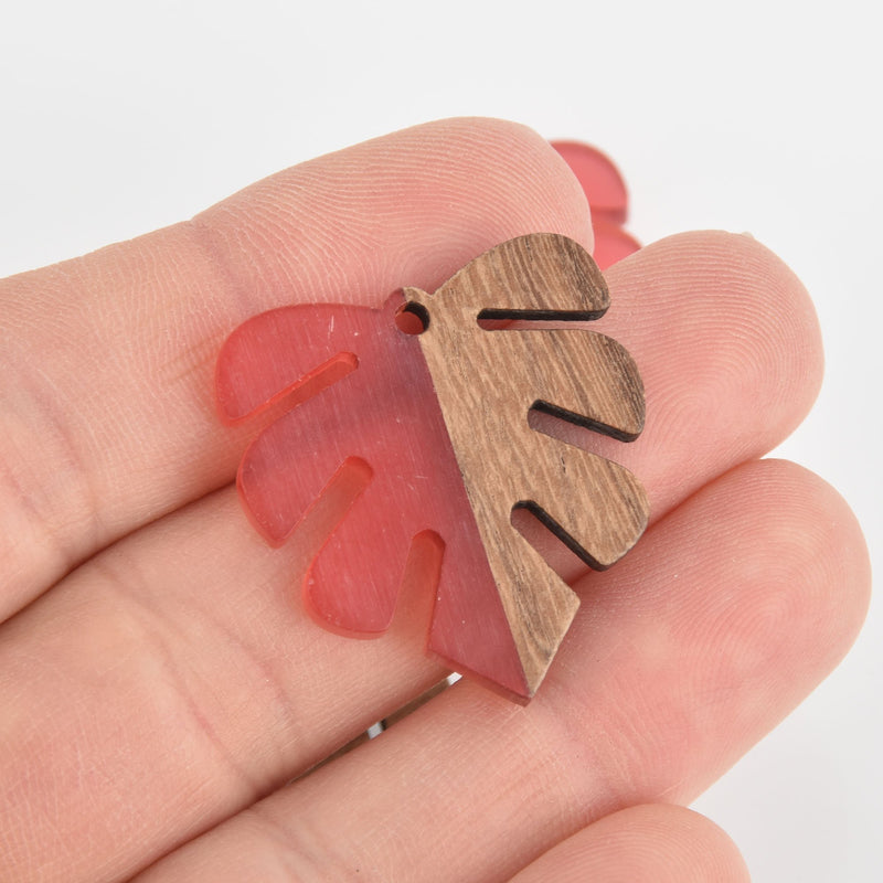 1 Monstera Leaf Charm, Rose Pink Resin and Real Wood, 1-1/8" long, chs6543