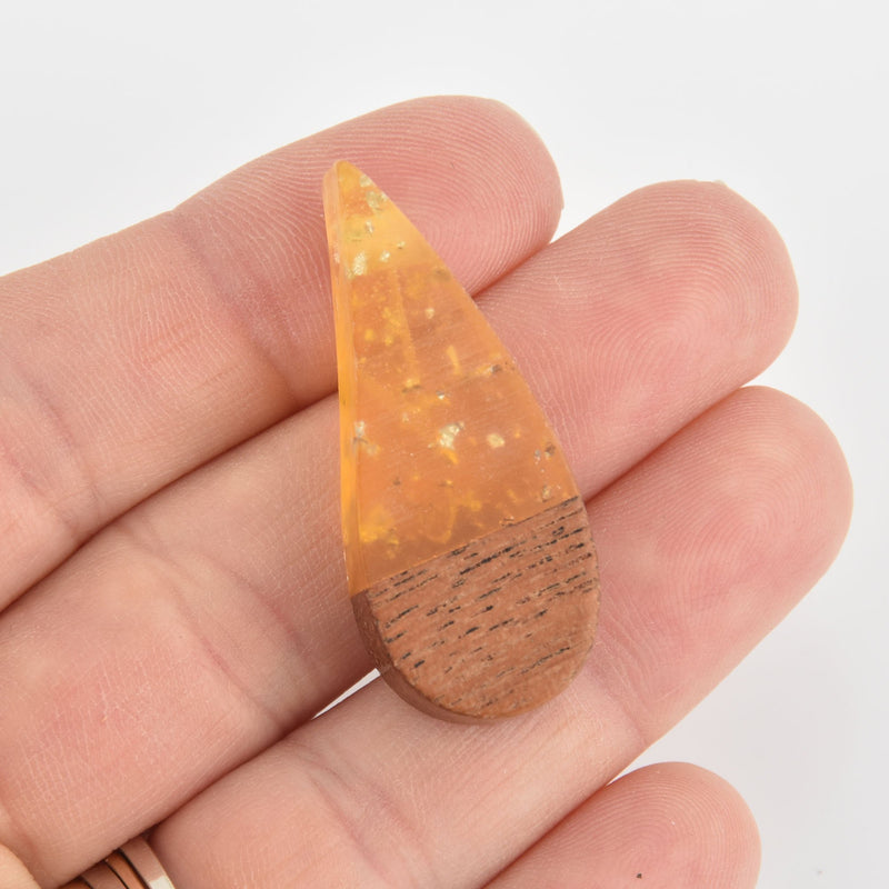 1 Teardrop Charms, Yellow Glitter Resin and Real Wood, 41mm, chs6544