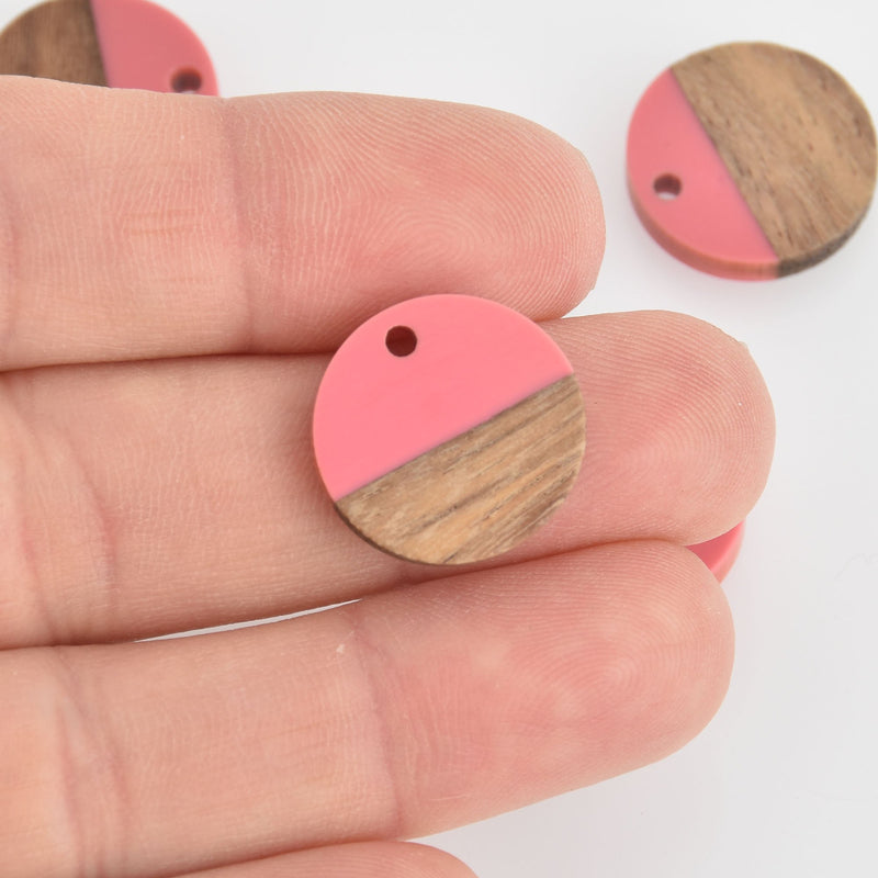 2 Round Charms, Opaque Pink Resin and Real Wood, 18mm, chs6547