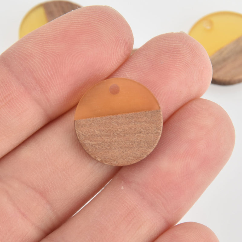 2 Round Charms, Translucent Yellow Resin and Real Wood, 18mm, chs6548