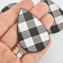 10 Faux Leather Teardrop Charms, Black White Plaid, Vegan Pendant 2-1/4" long chs6552