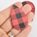 10 Faux Leather Teardrop Charms, Red Black Buffalo Plaid, Vegan Pendant 2-1/4" long chs6553