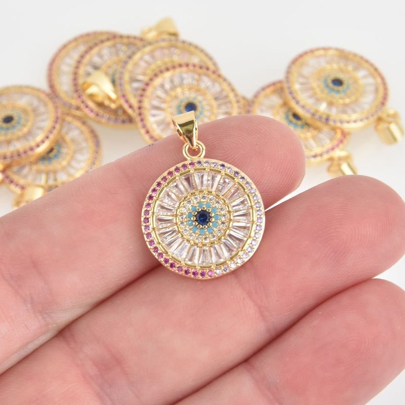 1 Gold Round Charm, Micro Pave CZ Cubic Zirconia Crystals, Rhinestone 18mm, chs6566