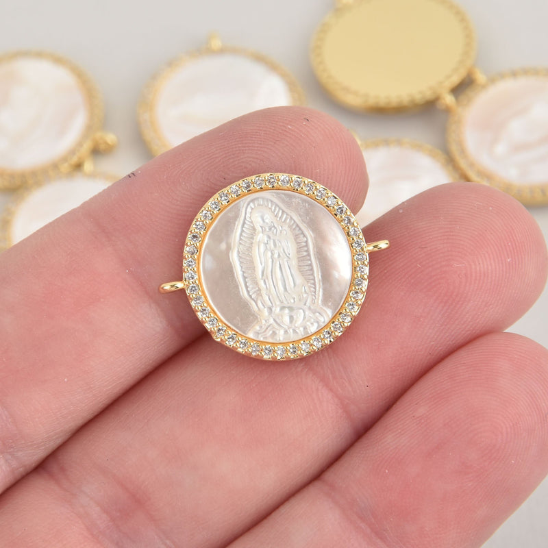 1 Gold Religious Medal Saint Charm, Mother of Pearl Shell, Micro Pave 18mm chs6570