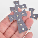 2 Faux Leather Cross Charms, Gray Blue Cork with Crystals, Vegan Leather, 2.25" long chs6584