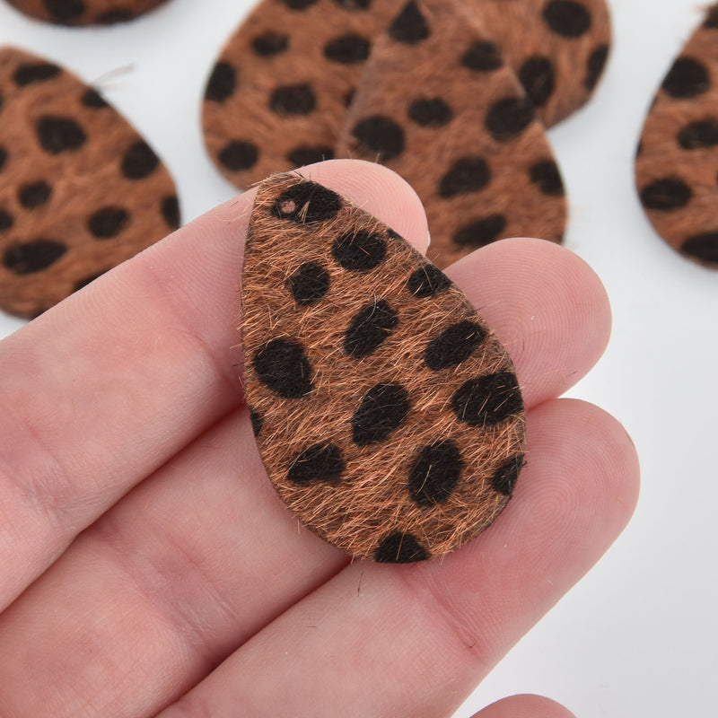 4 Brown Faux Fur Leather Teardrop  Charms Vegan Leather, 1.5" long chs6586