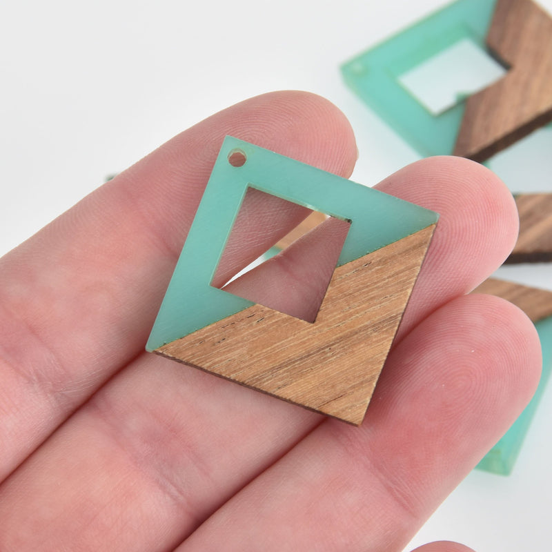 1 Square Charm, Mint Green Resin and Real Wood, 1", chs6597
